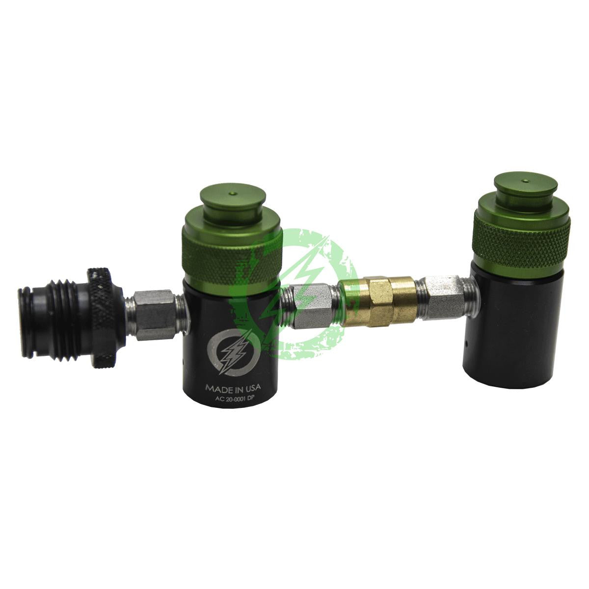 Amped dual tank adapter showing both tank ports and the brass center fitting