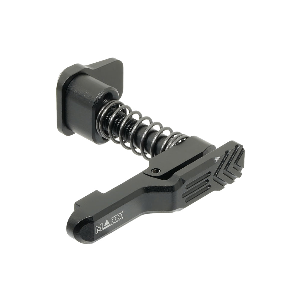 MAXX Style A black MTW M4 magazine release assembled front angle