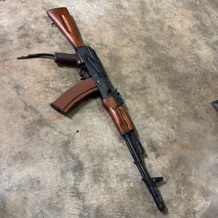 Used AK74 airsoft rifle with PolarStar F2 custom build, alternate angled view